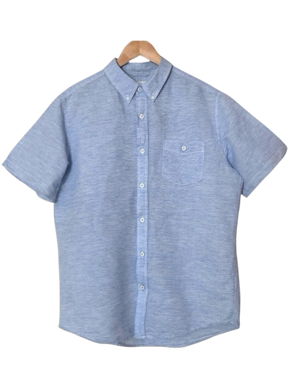 Weatherproof Vintage Men’s M Short Sleeve Button-Down Shirt Blue Linen Blend